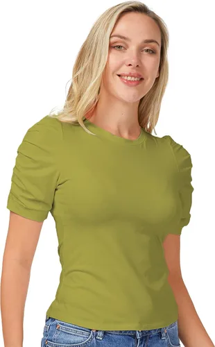 Vista 2 de SDEER - Camiseta básica de manga abombada para mujer, cuello redondo, manga corta, ajustada, blusas