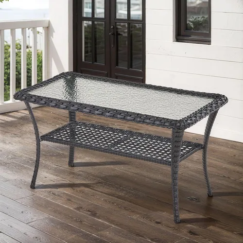 Vista 2 de Belord Mesa de centro para exteriores de 38 pulgadas con almacenamiento de 2 niveles, mesa de centro de mimbre con textura ondulada de agua, parte