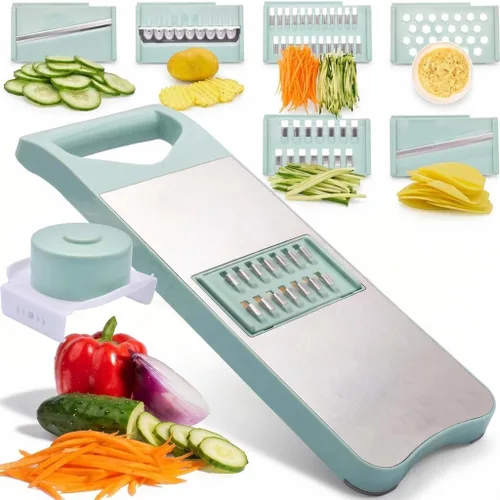 Vista 8 de NACOLUS Rallador de mandolina de 6 cuchillas con protector de mano deslizante - Rallador de verduras, rallador de papa/cebolla/ajo, rallador de Beige
