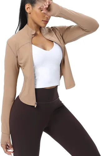 Vista 36 de AVGO Chaquetas de entrenamiento recortadas para mujer, con cremallera, ajustadas, atléticas, con agujeros para el pulgar