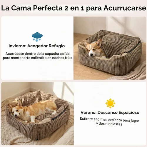 Vista 2 de GASUR Camas para perros pequeños con cueva de cubierta, camas para gatos de interior, cama rectangular con capucha para cachorros con manta Marrón