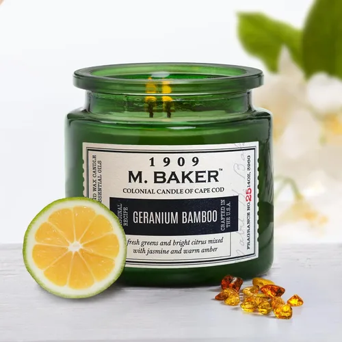 Vista 5 de Colonial Candle Vela perfumada de bambú de geranio, vela de cera de mezcla de soja natural de 2 mechas con aceites esenciales, vela en tarro