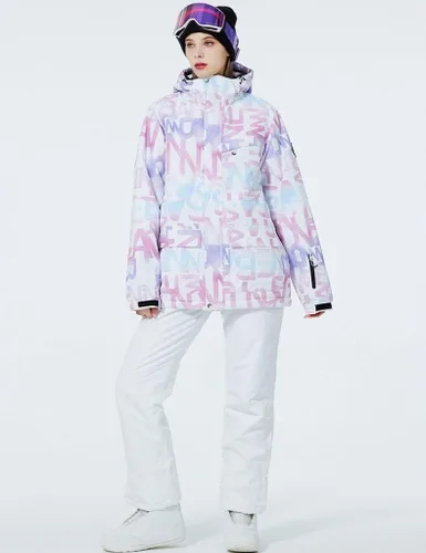 Vista 3 de Chaqueta y pantalones de esquí estampados coloridos de snowboard a prueba de viento para mujer de moda