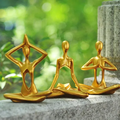 Vista 7 de Figuras doradas para decoración del hogar, 3 piezas, estatuas de yoga, estantería, decoración de estante dorado, decoración de oficina, escultura