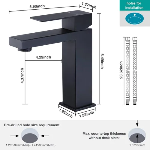 Vista 7 de Grifo de lavabo de baño de una sola manija, color negro mate, grifo de baño de acero inoxidable con mangueras de suministro de agua certificadas por