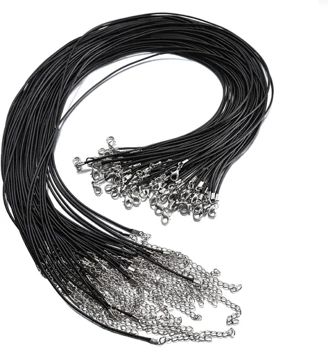 Vista 8 de 100 unidades de 18 pulgadas y 0.059 in de cordón negro encerado collar de cuerda pulsera de cuero sintético cierre de cadena a granel