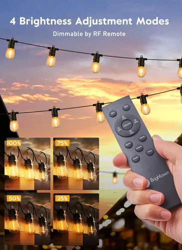 Vista 2 de Minetom Tira de luces solares de 34 pies para exteriores con control remoto, luces de patio con 10 bombillas LED inastillables y ganchos, enchufe