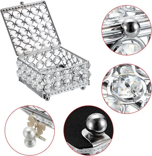 Vista 2 de ELLDOO Joyero de cristal plateado cuadrado organizador de joyas para aretes, anillos, caja del tesoro, caja de almacenamiento de recuerdos con tapa