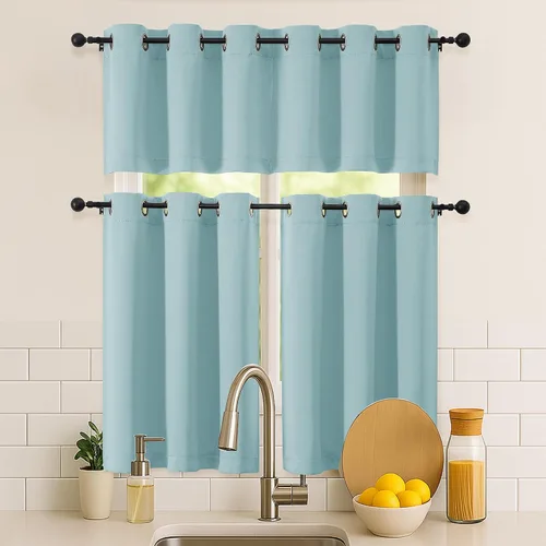 Vista 6 de Simplebrand Juego de 2 paneles de cenefa aguamarina para ventana de cocina de 14 pulgadas de largo, cortinas de oscurecimiento de habitación