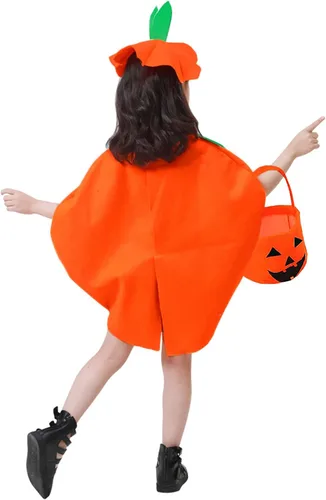 Vista 3 de MAXHJX Juego de 3 piezas de disfraz de calabaza de Halloween para niños incluye bolsa de mano de calabaza y sombrero disfraces de fiesta de cosplay