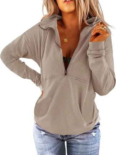 Vista 6 de Floral Find Women's Long Sleeve Lapel Half Zip Up Sweatshirt Solid Stylish Loose Fit Casual Pullover Tops B-Azul marino