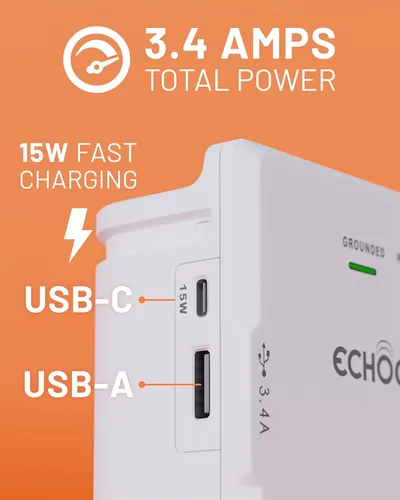 Vista 3 de ECHOGEAR Toma de pared con puertos USB y protección contra sobretensiones, 8 dispositivos 6 enchufes giratorios de CA, 2 incluye 1 puerto USB-C