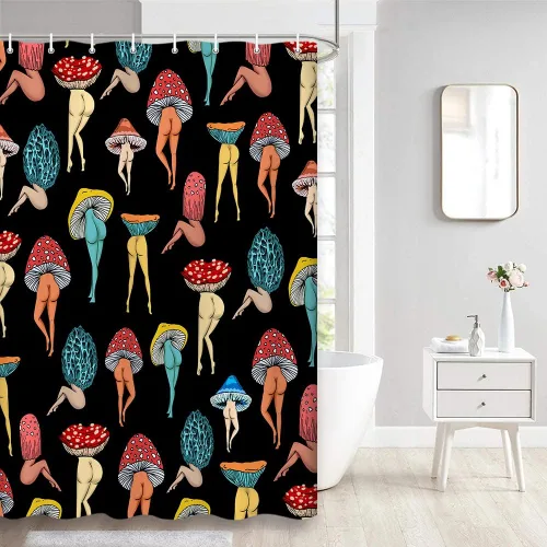 Vista 2 de Divertida cortina de ducha con trasero de hongo, divertida y sexy, de los años 70 y 80, cortinas de ducha de tela para baño, hippie, psicodélico