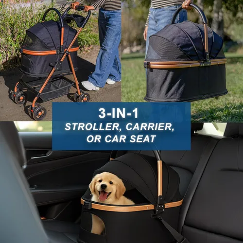 Vista 7 de Cochecito para mascotas para perros y gatos pequeños, plegable para perros pequeños/medianos y gatos de hasta 50 libras, transportador extraíble