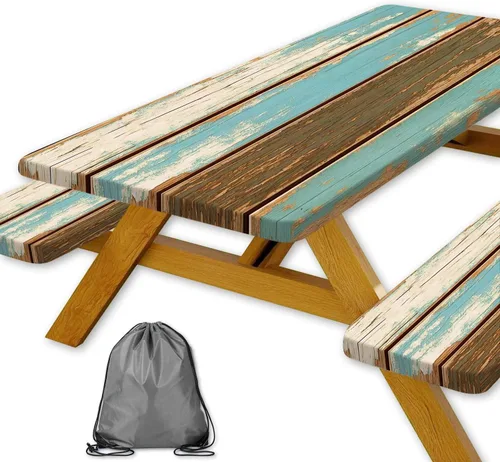 Vista 40 de Funda para Mesa de Picnic con Fundas para Bancos y Bolsa, Campista de Madera Impermeable Resistente al Viento, Cubierta de Mantel Ajustada con Borde