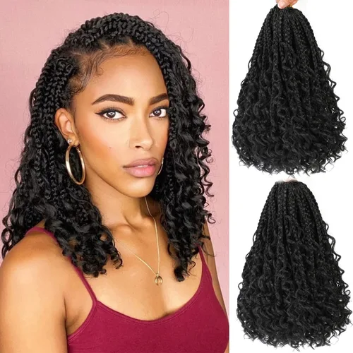Vista 18 de Wodun Extensiones de Cabello de Ganchillo con Trenzas de Caja Goddess de 10 Pulgadas Pre-Enrolladas, Cabello de Ganchillo con Extremos Rizados Para