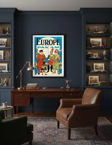 Vista 4 de Europa – Pan American World Airways – Guardia suiza pontificia británica Yeomen of the Guard – Póster vintage de viaje de aerolínea c.1950s