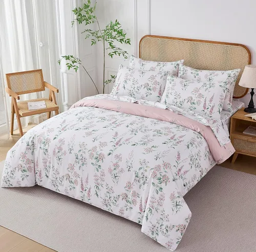 Vista 3 de Helthep Funda de edredón floral tamaño Twin, 100% algodón, con estampado de flores rosas, funda de edredón vintage botánica con hojas verdes, funda