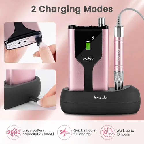 Vista 4 de Lavinda Taladro de uñas profesional recargable, sin escobillas Skyspace de 35,000 rpm, lima de uñas eléctrica portátil para uñas acrílicas con funda