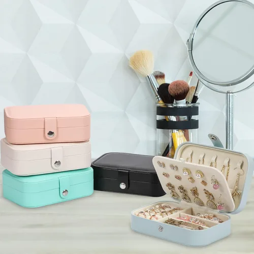 Vista 5 de Joyero de viaje, organizador de joyas pequeño de piel sintética para mujeres y niñas, mini estuche de viaje portátil de doble capa para guardar
