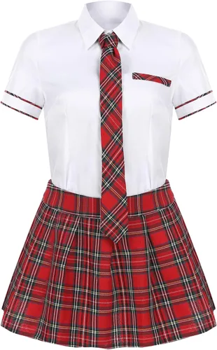 Vista 4 de Fldy Conjunto de uniforme de colegialas para mujer camisa de cosplay con mini falda a cuadros disfraz de estudiante