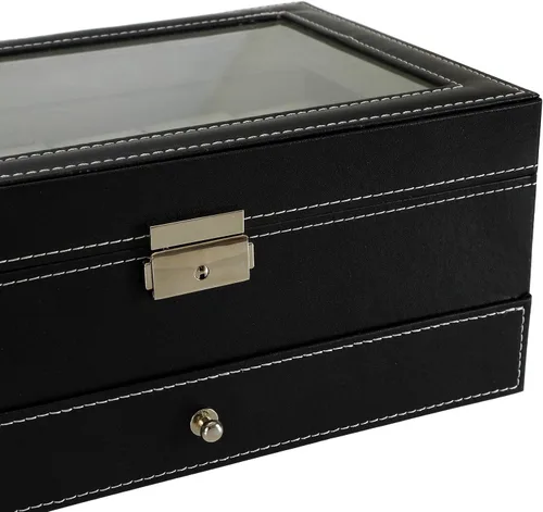 Vista 5 de Tebery Caja de reloj negra con 12 ranuras organizador de piel sintética con cajón de joyería para almacenamiento y exhibición
