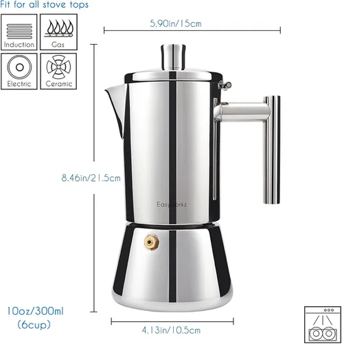 Vista 2 de Easyworkz Diego - Cafetera de café expreso de 6 tazas de 10 onzas, cuchara de café retro de acero inoxidable con mango de nogal negro, 0.35 oz