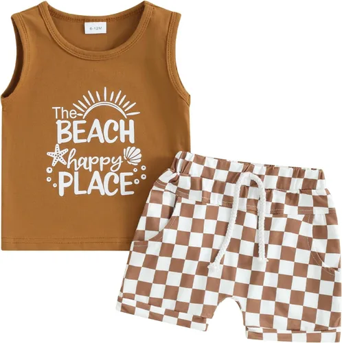 Vista 87 de Ropa de bebé niño sin mangas + pantalones cortos con estampado a rayas con bolsillos, 2 piezas de trajes de verano
