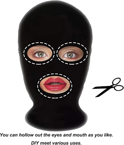 Vista 3 de Sheface Máscara con capucha de boca abierta de elastano para hombre y mujer, disfraz de cosplay de Halloween Negro