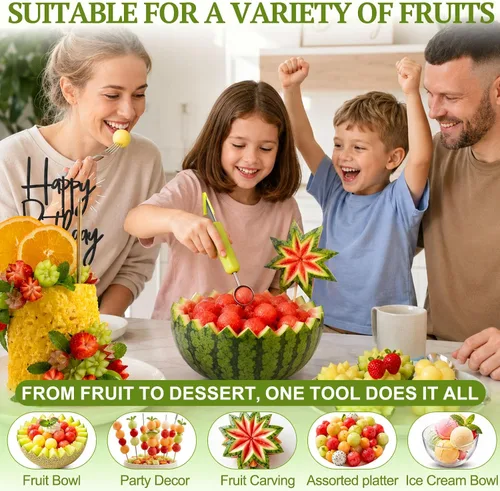 Vista 10 de Juego de palas de melón Suuker, 4 en 1 cortadores de frutas con formas, cuchara de sandía, cuchara de frutas y pelador de bolas, herramientas