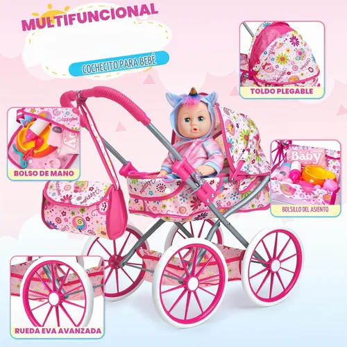 Vista 4 de Golray Juego de Juguetes de Muñeca Bebé de 12 Pulgadas con Cochecito para Niñas de 3, 4, 5, 6 Años - 26 Piezas Muñeca Bebé con Accesorios Edredón