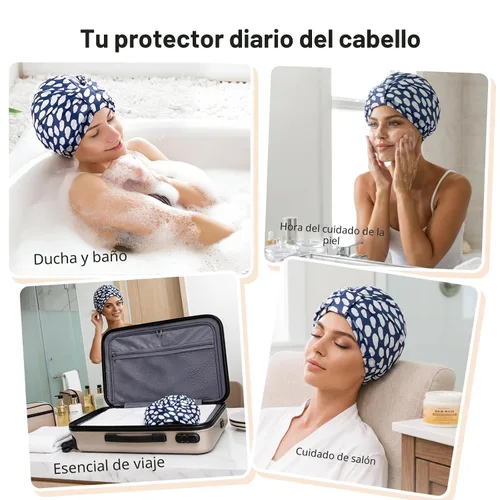 Vista 8 de Gorro de ducha de lujo para mujeres, reutilizable, impermeable, gorro de ducha de doble capa con correa elástica ajustable, gorro de baño grande