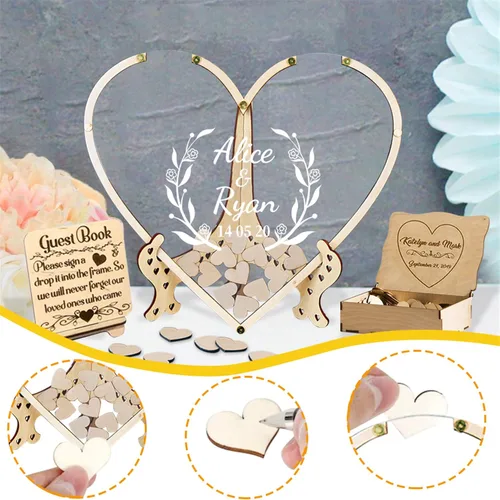 Vista 6 de Libro alternativo de corazón personalizado para libro de invitados con 30 a 100 corazones de madera, caja de madera personalizada para decoración