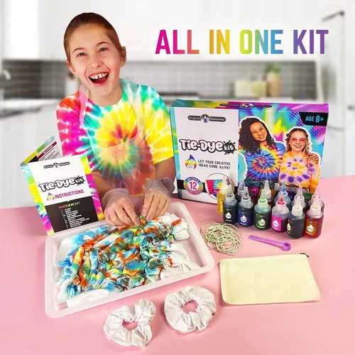 Vista 2 de Original Stationery Kit de teñido anudado – Polvo de 12 colores, bandeja y guantes para niños de 8 a 12 años – Juego de manualidades y arte