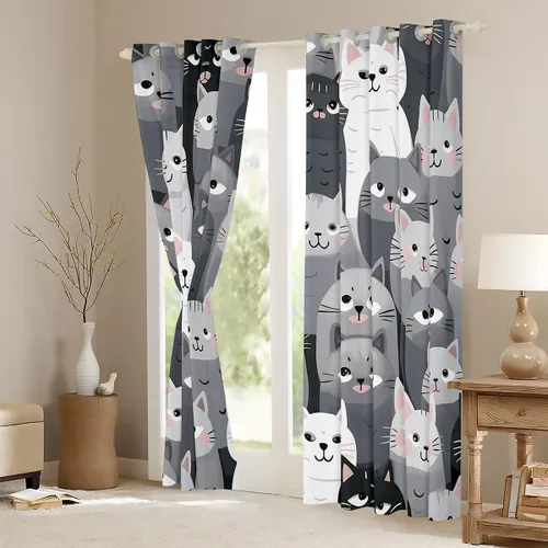 Vista 3 de Feelyou Cortinas de ventana de gatos grises y blancos, cortinas de ventana con patrón de mascotas para dormitorio, sala de estar para niños, niñas