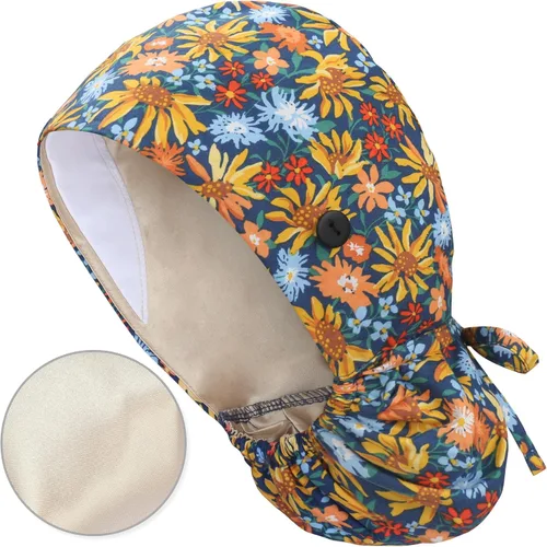 Vista 14 de QBA Gorra de trabajo ajustable con botón, gorro forrado de satén, gorro de trabajo de algodón, banda elástica para atar en la espalda, unisex