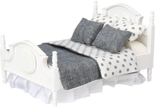 Vista 8 de Juego de ropa de cama tamaño Queen, mini accesorios de dormitorio para muñecas de 6 pulgadas, ropa de cama gris, marco de madera blanco, escala 1/12