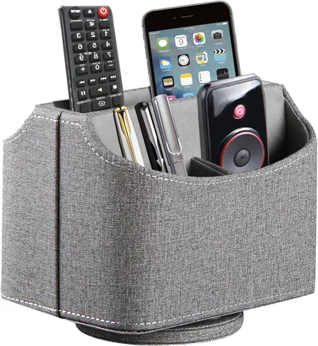Vista 10 de Soporte de cuero para control remoto giratorio de 360 grados, organizador giratorio de escritorio para mandos a distancia de TV, bolígrafo, Beige