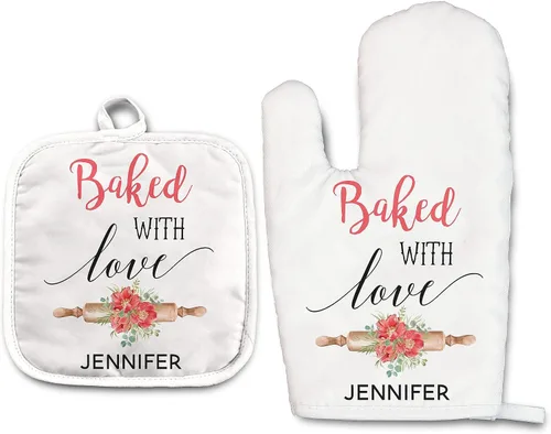 Vista 14 de Angela's Kitchen - Juego de guantes de horno personalizados y soporte para ollas Regalos de cocina personalizados Inauguración de la casa