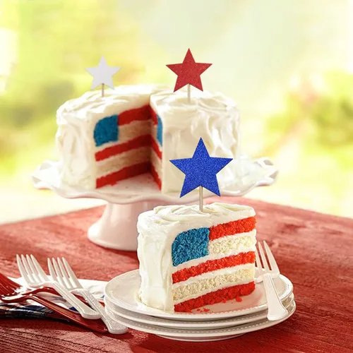Vista 4 de Decoración para cupcakes del 4 de julio, diseño de estrella roja, azul y blanca, con purpurina patriótica, decoración de fiesta conmemorativa