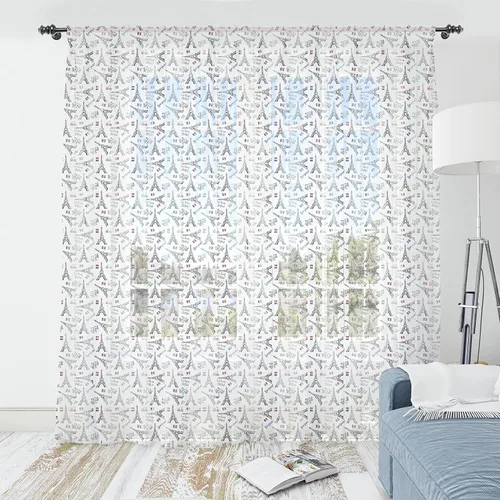 Vista 36 de Ambesonne Cortinas de tul Eiffel con bolsillo para barra, globos retro de corazón de café, remolinos de hito francés, cortina transparente