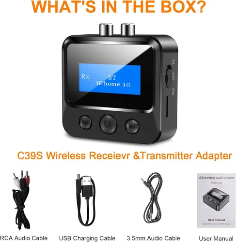 Vista 6 de Transmisor y receptor Bluetooth para TV, adaptador de audio para sistema estéreo doméstico con RCA, AUX de 3.5mm y pantalla, transmisor Bluetooth