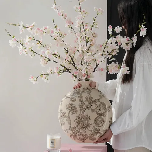 Vista 6 de 6 ramas artificiales de cerezo de seda de cerezo sintético, tallos altos, flores artificiales para florero, boda, decoración del hogar (rosa claro)