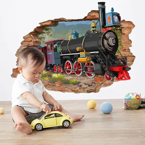 Vista 3 de SUPERDANT Adhesivo de pared de tren retro 3D para despegar y pegar, mural de vinilo para habitación de los niños, dormitorio, sala de estar, sala