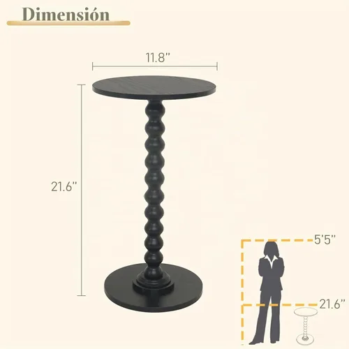 Vista 3 de Fultyle Mesa auxiliar redonda, mesa pequeña para bebidas para espacios pequeños, mesa auxiliar moderna con patas de madera maciza para sala de Negro