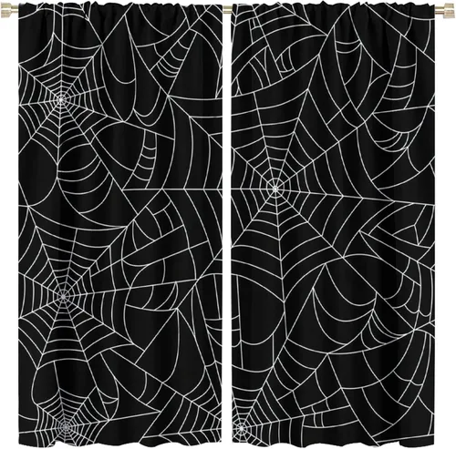 Vista 63 de Cortinas opacas de tela de araña aterradora para niños, tela de araña en blanco y negro, fondo rojo, dormitorio de niños, guardería, decoración