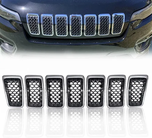 Vista 11 de Inserto de Parrilla de Parachoques Delantero Moldura de Rejilla Cromada con Cubierta de Malla de Panal Negro para Jeep Cherokee 2014 2015 2016 2017