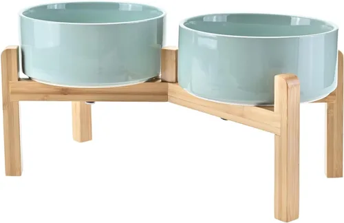 Vista 23 de SPUNKYJUNKY Cuencos elevados de cerámica para perros, 5.1 pulgadas, para comida de perros y gatos, cuencos elevados con soporte de bambú Verde oscuro