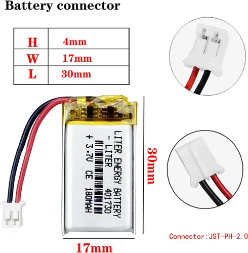 Vista 2 de Litro 3.7V 180mAh 401730 Lipo batería recargable de iones de litio con conector JST 0.079 in