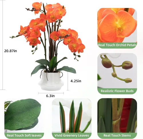 Vista 2 de CXGS Planta de orquídeas artificiales de 20.9 pulgadas, orquídeas artificiales de tacto real en jarrón de cerámica, arreglo floral de Phalaenopsis